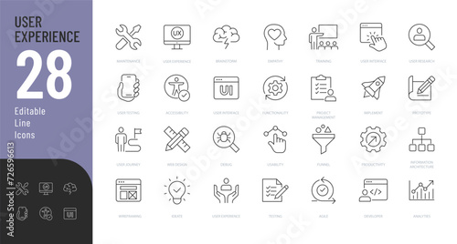 User Experience Line Editable Icons set. Vector illustration in modern thin line style of interface related icons: development, design, testing, and more. Isolated on white 