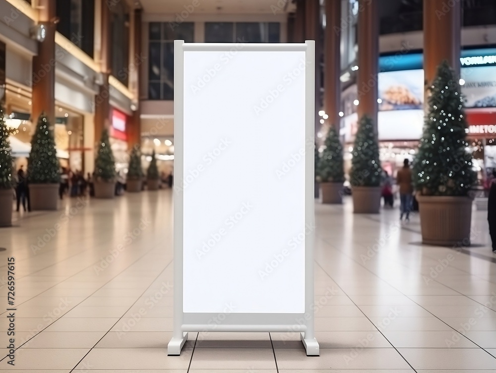 White roll up mockup poster stand in an shopping center White roll up mockup poster stand in an shopping center