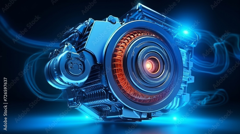 car engine with blue glow. Neural network AI generated art - obrazy, fototapety, plakaty 