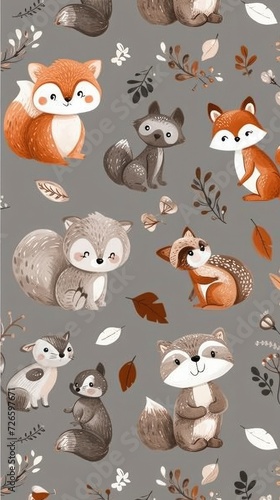 Seamless pattern. children's animals on a gray background.