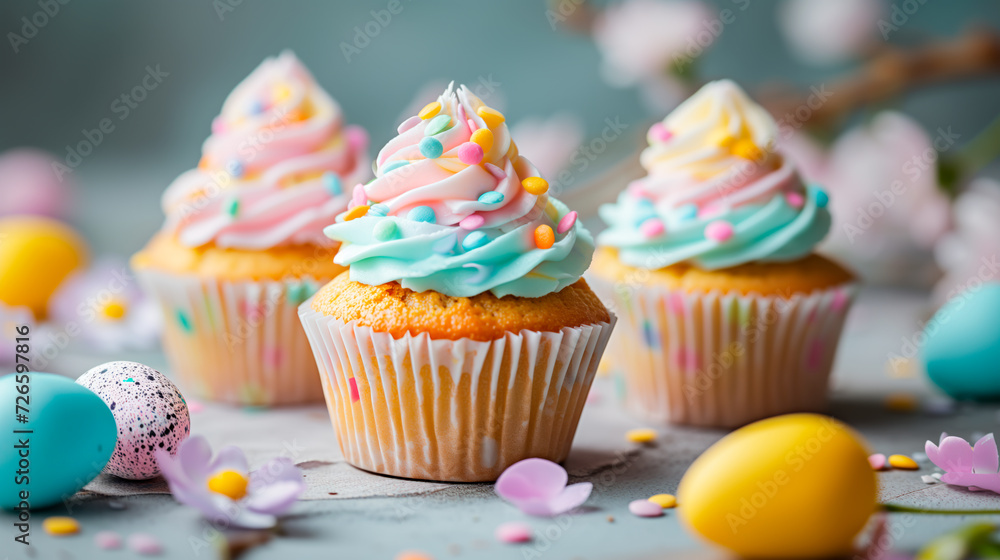 Easter-themed cupcakes with pastel sprinkles and chocolate eggs, perfect for spring and easter celebrations. - obrazy, fototapety, plakaty 