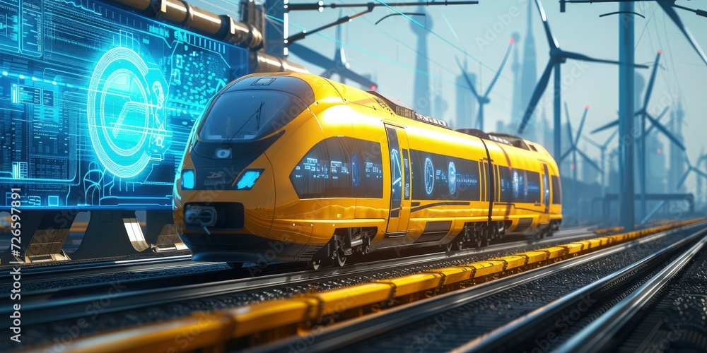 Naklejka premium Futuristic Eco-Friendly Landscapes, Digital Art Featuring Wind Turbines Silhouetted Behind a High-Speed Train.