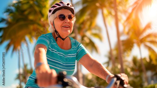 Active senior woman biking under palm trees in sunlight.