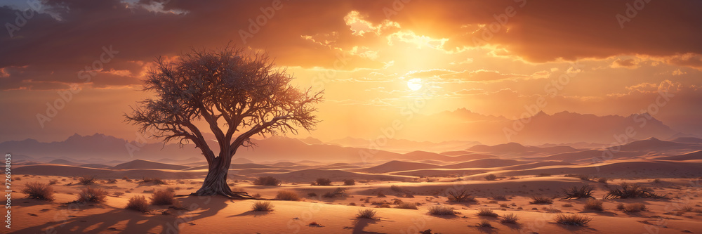 Captivating scenery: a lone tree silhouetted against the orange cloudy sky in the desert at sunset