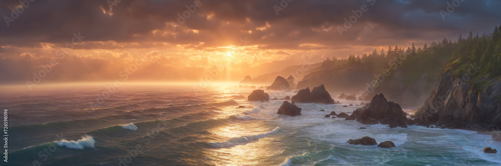 Serene outdoor beauty: the sun sets over a rocky coastline, painting the cloudy sky in orange colors, creating a picturesque landscape Serene outdoor beauty: the sun sets over a rocky coastline, painting the cloudy sky in orange colors, creating a picturesque landscape