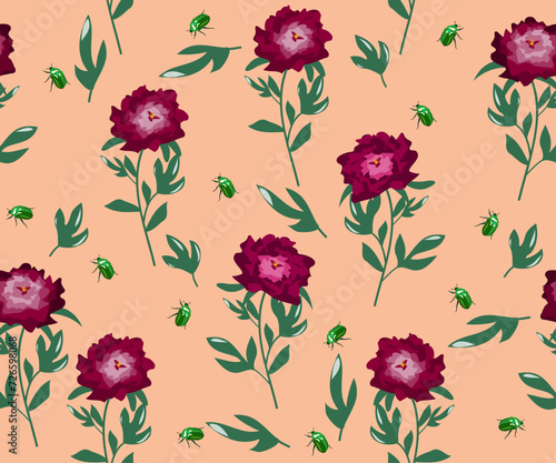 Seamless pattern with bright purple peonies and green bugs on a light colored background. Vector illustration for design of fabric, wallpaper, textiles in retro style.