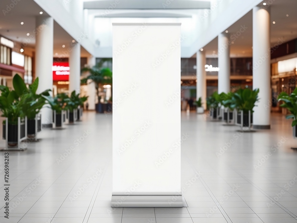 White roll up mockup poster stand in an shopping center White roll up mockup poster stand in an shopping center