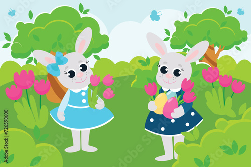 Easter bunnies, two girls are on a green meadow with flowers in their paws. The bunnies are happy and will laugh merrily. Scene in cartoon style.