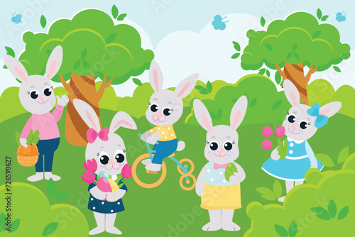 Easter bunnies boys and girls are having fun on a green meadow. Bunnies are dressed in dresses, pants and shirts. Scene in cartoon style.