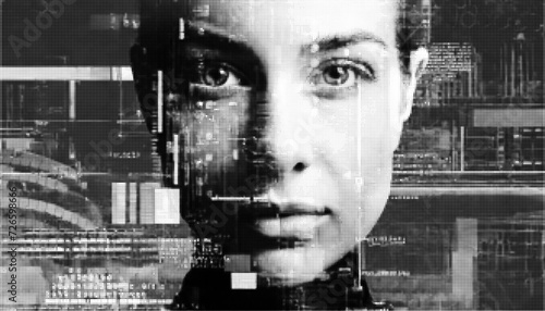 Halftone vector montage of a synthetic female face combined with abstract fractals and other graphic elements.