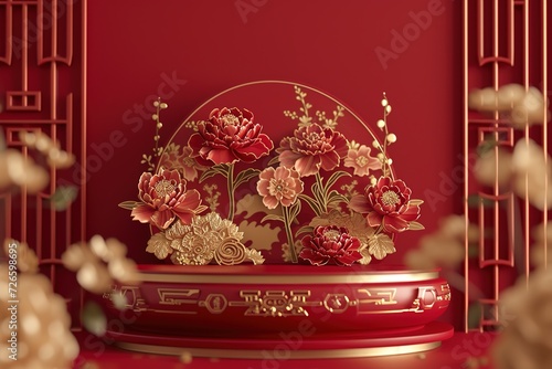Podium product A crimson backdrop adorned with gold papercuts of blooming peonies and plum blossoms, symbolizing wealth and fortune. 