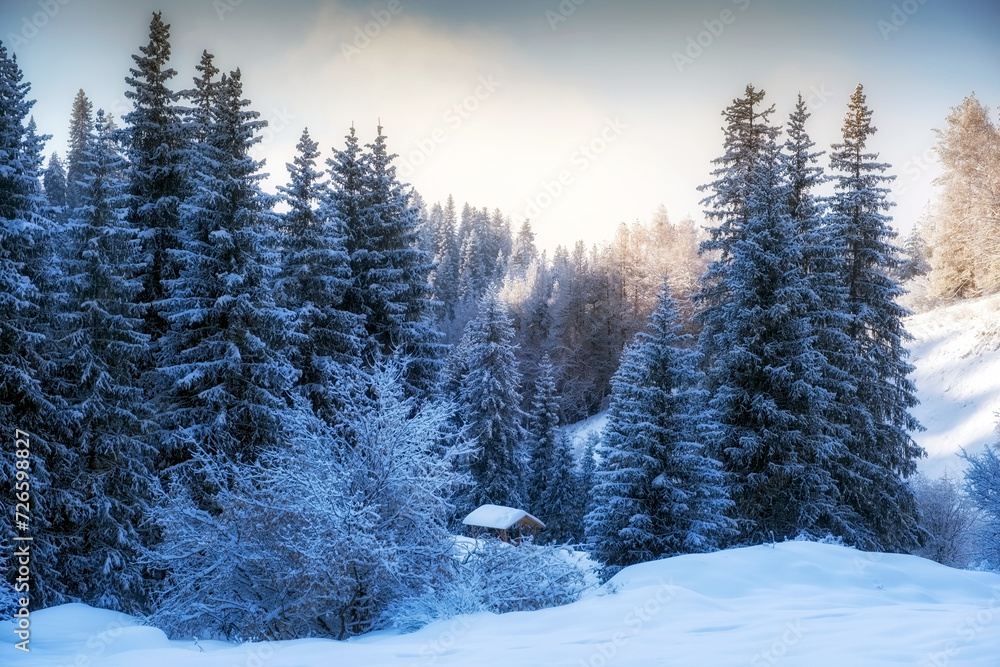 Fototapeta premium Beautiful winter mountain landscape with wooden gazebo, spruce forest and fresh snow. Kimasar gorge in Almaty, Kazakhstan.