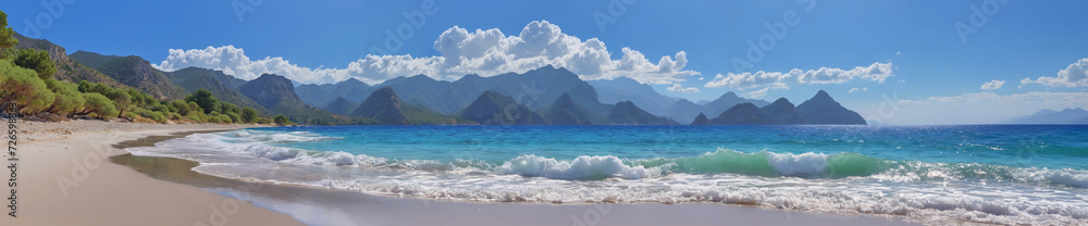 A tranquil nature scenery featuring a serene blue ocean, majestic mountains, and a cloudy sky