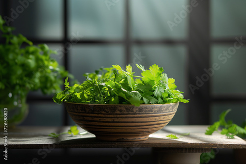 Asian Green Herb Culinary Bowl Made By Clay Presented On Table, Copy Space