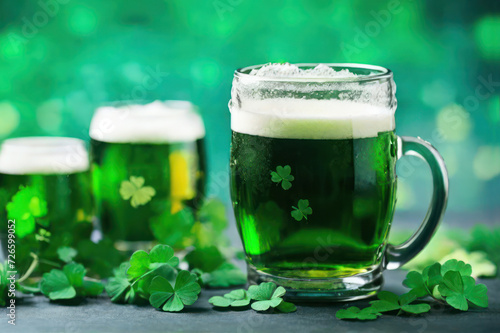 green beer decorated with clover, traditional treats and drinks for St. Patricks day