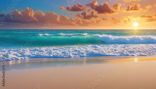 Tranquil beauty of the sunset beach: majestic waves crashing against the shore in the serene dusk light