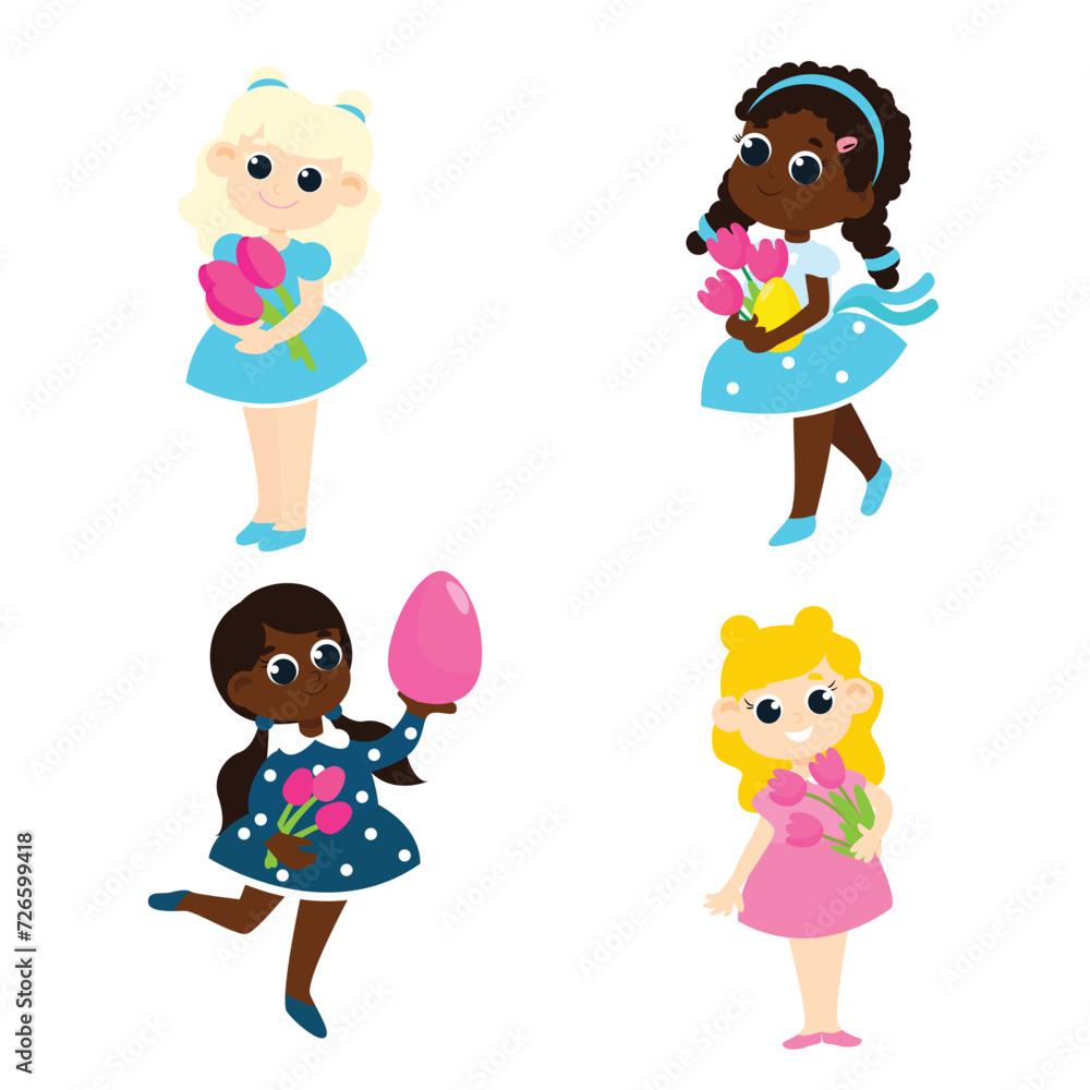 Easter set. Multicultural girls hold flowers and decorative eggs. Easter set. Multicultural girls hold flowers and decorative eggs.
