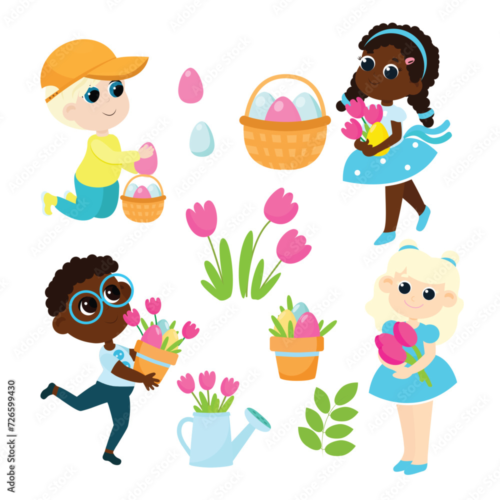 Easter set. Children hold flowers, decorative eggs and smile happily. Boys and girls are smiling happily. Easter set. Children hold flowers, decorative eggs and smile happily. Boys and girls are smiling happily.