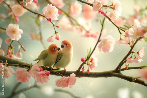 A serene backdrop depicting two lovebirds perched on a blossoming branch, singing a sweet melody symbolizing harmony and companionship. 