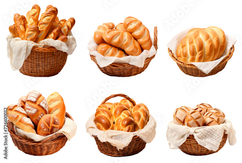 Set of bread in a basket, isolated on transparent background
