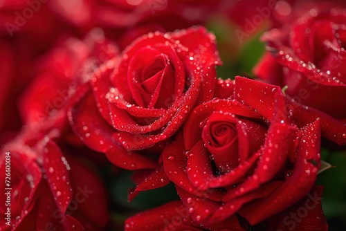 Red Roses in Bloom Valentine s Day a timeless wallpaper showcasing a lush arrangement of these blooms  their petals glistening with dew drops and exuding a sweet fragrance.