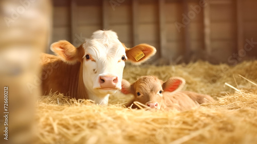 Newborn calf and mother cow lying down inside cattle farm. Newborn animal. Domestic animals husbandry and reproduction. 