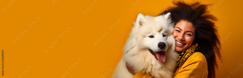 Banner with a portrait of a Woman with a The Samoyed on a blue background Banner with a portrait of a Woman with a The Samoyed on a blue background