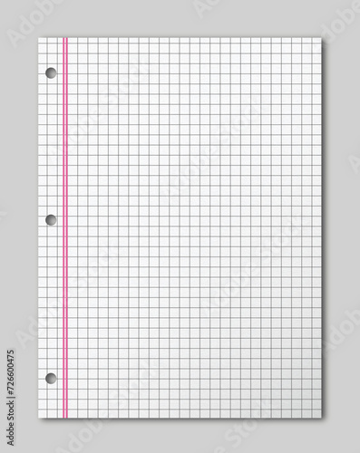 Hoja de papel para carpeta cuadriculada o cuaderno. escolar vectorial realista