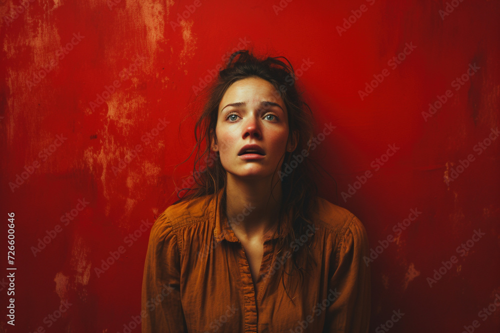 Girl looking anxiously at the camera on a dark red background. Concept of psychological states
