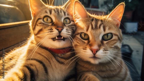 Two cute funny cats take a selfie. Neural network AI generated art