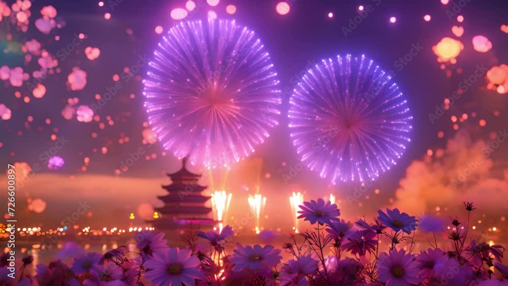 Fireworks Chinese New Year above temple. Lunar New Year fireworks 2024