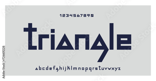 Triangle font. Modern typography for logo design, movies, music, gaming, technology, sport, advertising and web. Minimal type. Small letters and numbers. Geometric alphabet. Vector illustration