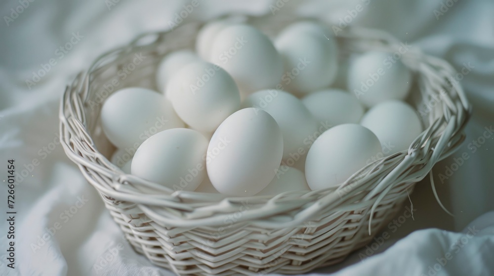 A Basket Brimming with Fresh White Eggs, Capturing the Essence of Farm-Fresh Simplicity and Culinary Potential. A Basket Brimming with Fresh White Eggs, Capturing the Essence of Farm-Fresh Simplicity and Culinary Potential.