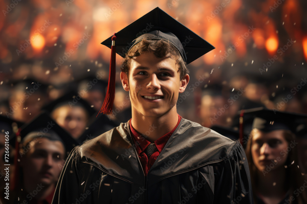 Obraz premium A graduate proudly holding their diploma against a backdrop of cheering friends and family, marking the significant achievement of completing a challenging academic journey. Generative Ai.