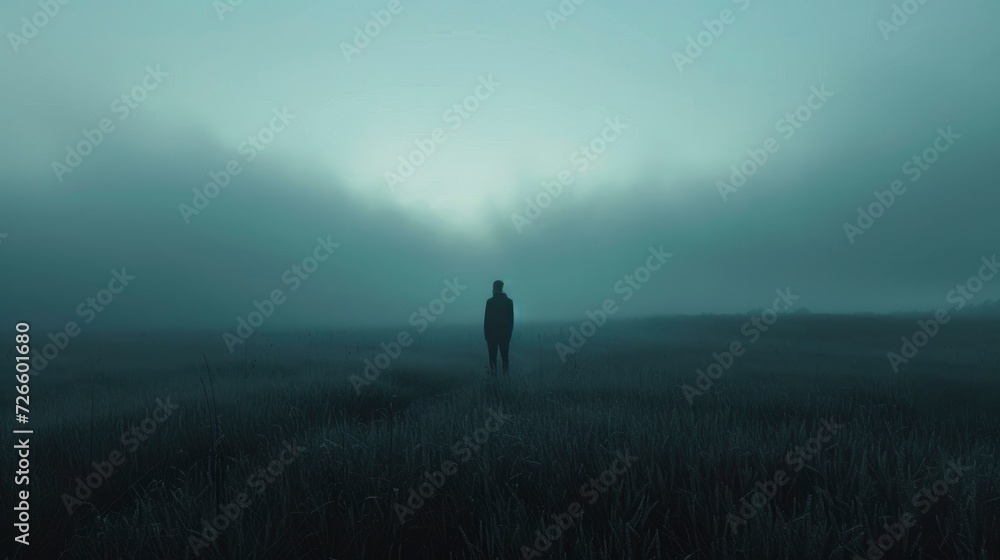 Man standing by himself in a field, in the style of mysterious.
