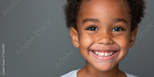 Creative banner with happy child kid for pediatric dentistry. Children treatment teeth, medical checkup. African-American smiling toddler boy exposing white teeth on studio gray background. Copy paste photo