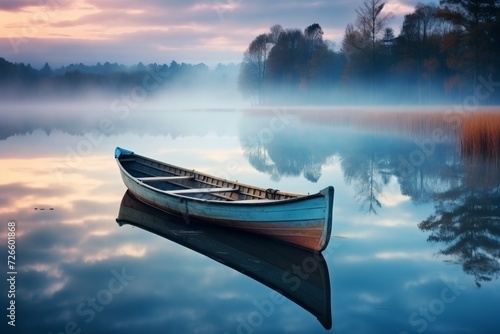 Tranquil dawn  solitary wooden boat reflecting on lake, peaceful nature landscape © Yuri