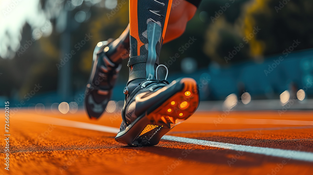 Empower your run with a robotic leg, merging technology and athleticism seamlessly. Unleash enhanced performance, turning strides into a testament of resilience and innovation. - obrazy, fototapety, plakaty 