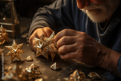 A close-up of hands crafting decorative star ornaments, symbolizing the guiding star that led the Three Wise Men to the birthplace of Jesus. Generative Ai.
