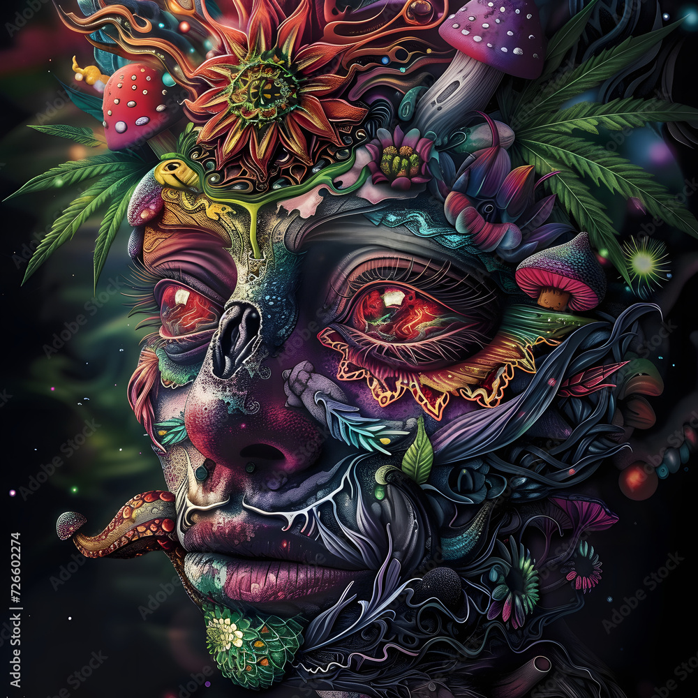  psychedelic poster with magic mushrooms, cannabis and third eye with mandala 