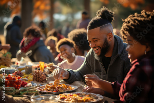 Families enjoying a New Year's Day picnic in a scenic park, embracing the outdoors and fostering a sense of togetherness. Generative Ai.