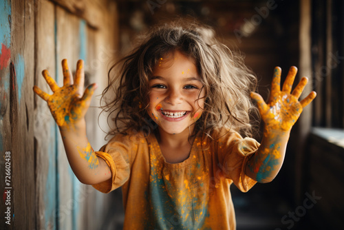 Creative kid art courses concept. Laughing elementary school child with stained shirt and dirty face on room background looking into the camera with playful look, looking into camera