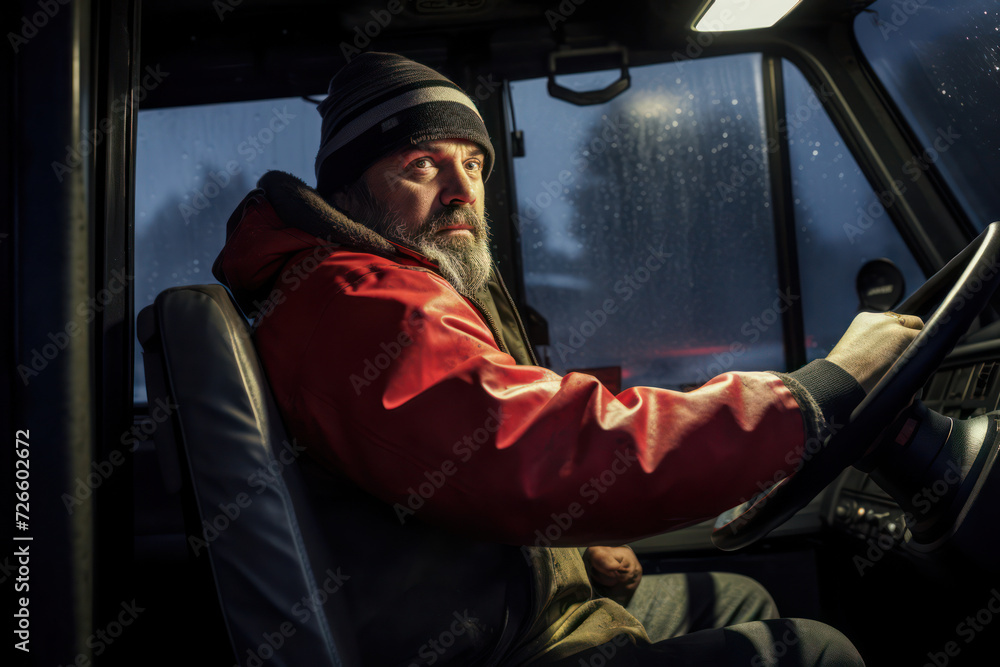 Serious Bearded Caucasian Man, a Driver, Looking Out Through Car Window, Embracing Winter Adventure in Natural Landscape Serious Bearded Caucasian Man, a Driver, Looking Out Through Car Window, Embracing Winter Adventure in Natural Landscape