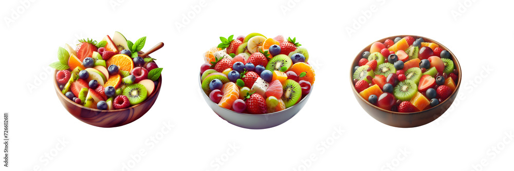 Collection Set of bowl of fruit salad, isolated over on transparent white background Collection Set of bowl of fruit salad, isolated over on transparent white background