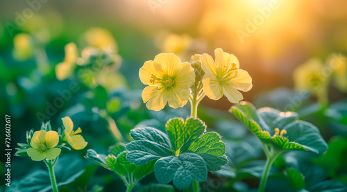 Bright yellow flowers of green pea plants with sunlight shining through the petals, AI generated photo