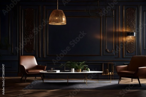 modern living room , black wall with golden shade lines 