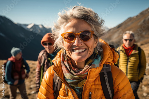 Senior woman hiking with a group in the mountains, depicting adventure and exploration in later years. Concept of active lifestyle and nature connection in aging. Generative Ai.