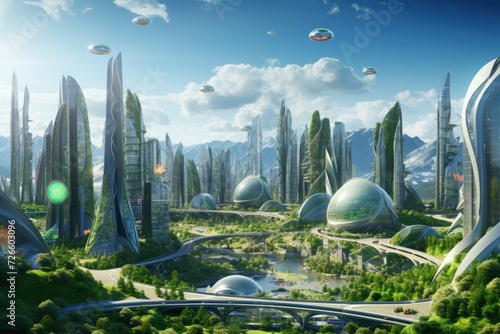 A visionary concept of a futuristic cityscape blending advanced green architecture with natural landscapes, set against a mountain backdrop. generative ai 