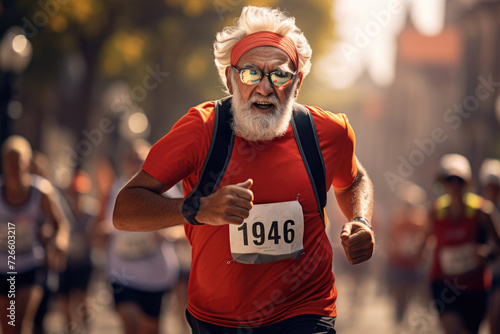 Elderly jogger participating in a marathon, symbolizing endurance and physical capability. Concept of challenging stereotypes about aging and fitness. Generative Ai.