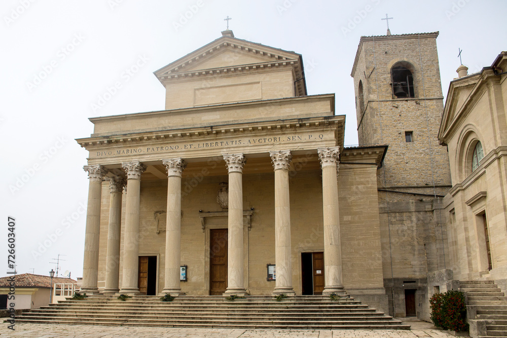 Facade of the basilica of San Marino. This church is the main Catholic place of worship in the town and is dedicated to the patron saint of the city and the state.